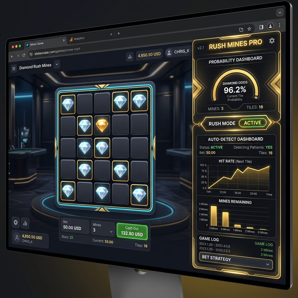 Stake Pro Panel Chrome Extension UI screenshot on desktop with real-time Mines game probability stats