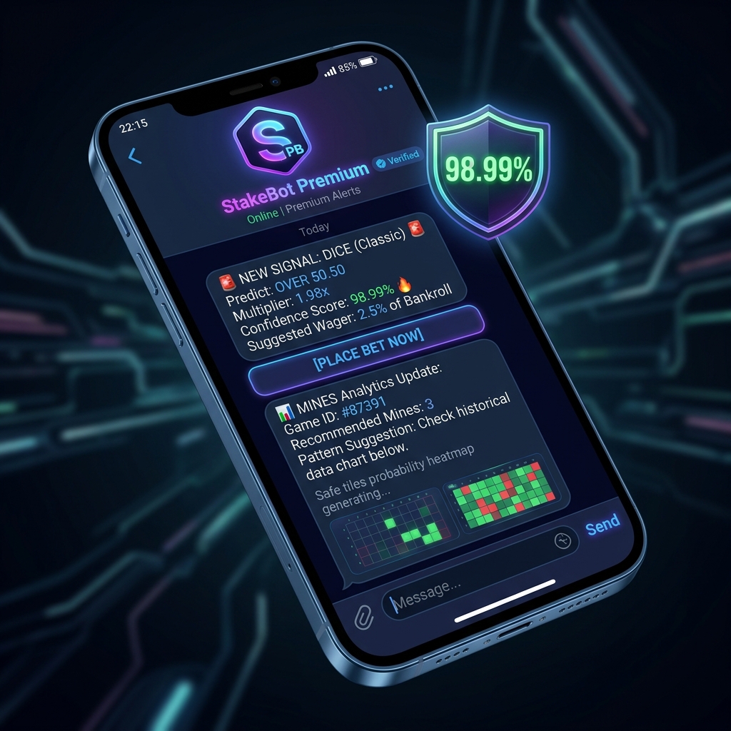 Stake Telegram Premium Bot Interface showing live auto-bet signals and 98.99% accuracy rate tracker